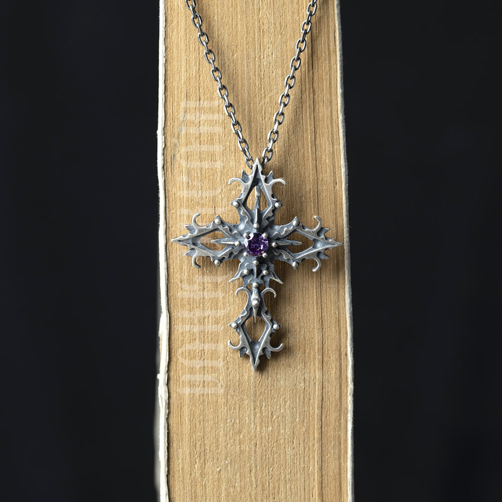 Dark Dream s925 crystals pure silver, black-winded crucifix lockdowns, purple diamonds.