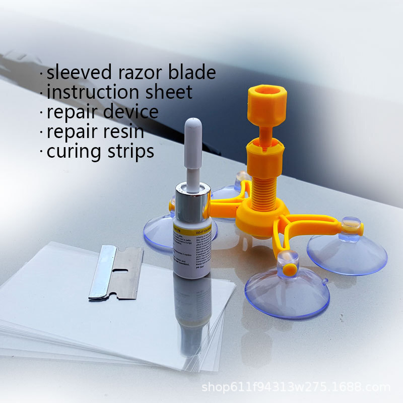 Vehicle glass repair tool, windshield repair kit, car glass repair fluid.