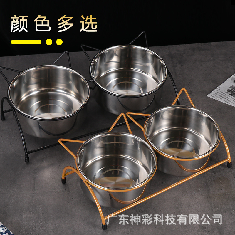 Home pet feeder dog, iron mat, dog drinker stand to remove stainless steel double bowls.