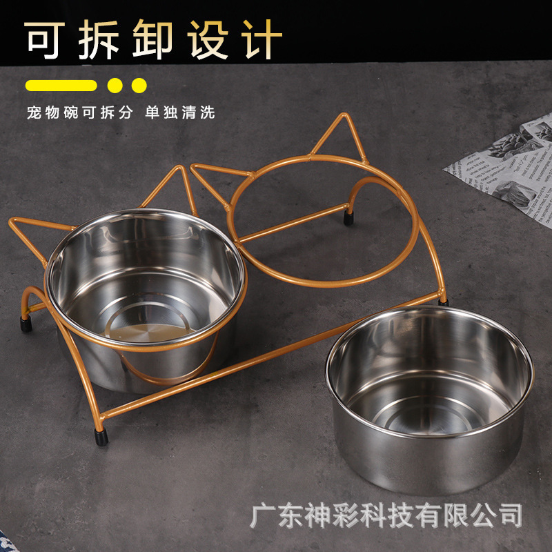 Home pet feeder dog, iron mat, dog drinker stand to remove stainless steel double bowls.