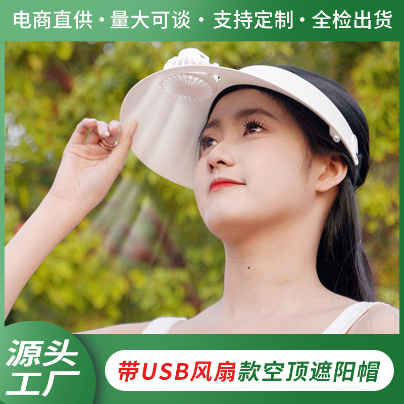 Trùm đầu mùa hè với mũ quạt trên mặt trời và đèn pin với đầu sạc USB.