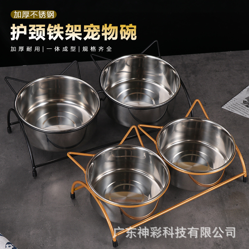 Home pet feeder dog, iron mat, dog drinker stand to remove stainless steel double bowls.