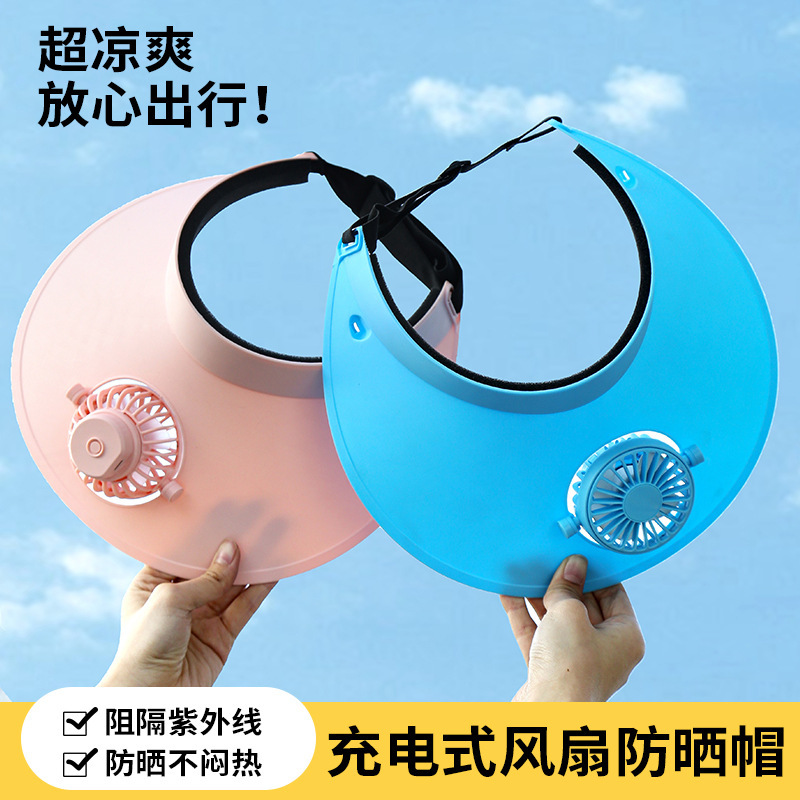 Trùm đầu mùa hè với mũ quạt trên mặt trời và đèn pin với đầu sạc USB.