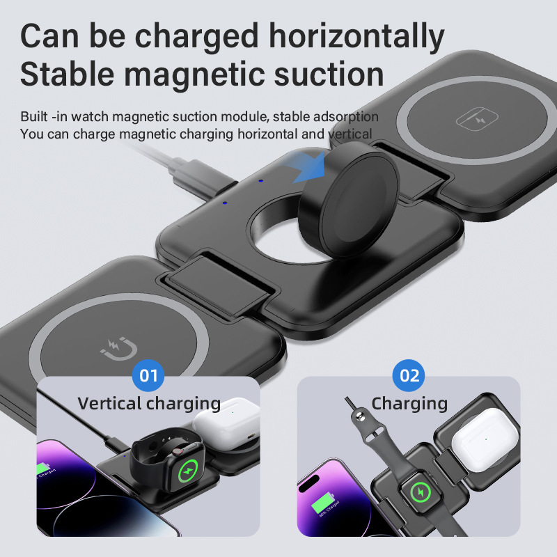定製磁吸摺疊三合一無線充TYPE-C接便捷式15W快充桌面無線充電器
