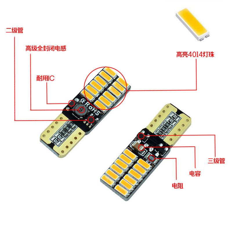 T10 broad light 4014 24smd Led High-light constant current decode infinity white blue amber 12V