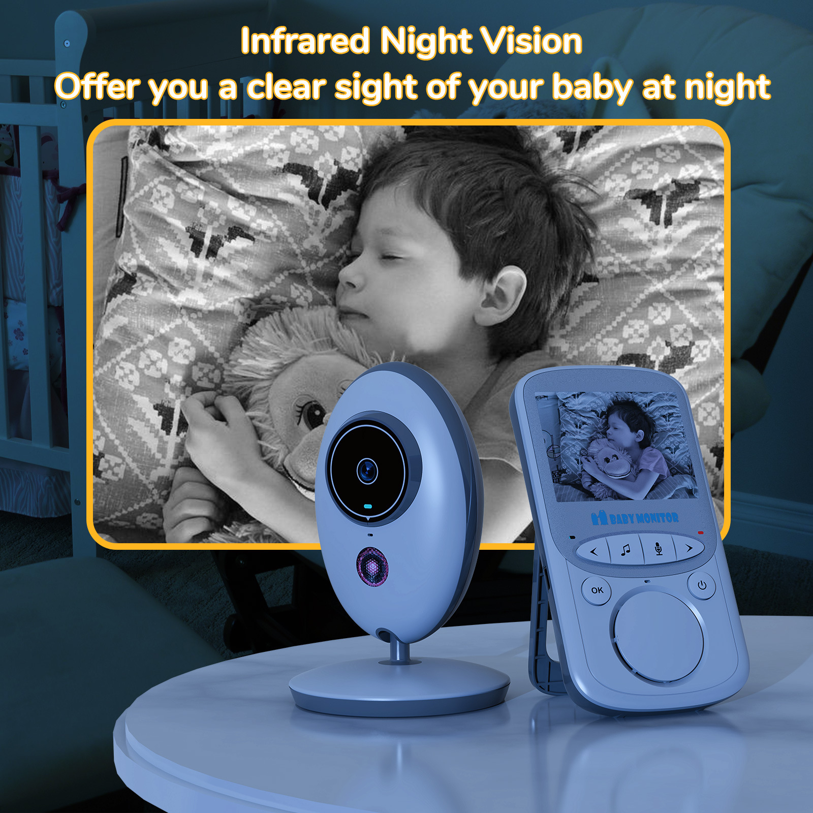 VB605 baby monitor, 2.4 inches screen, 8 national languages, VOX mode, voice-talking.