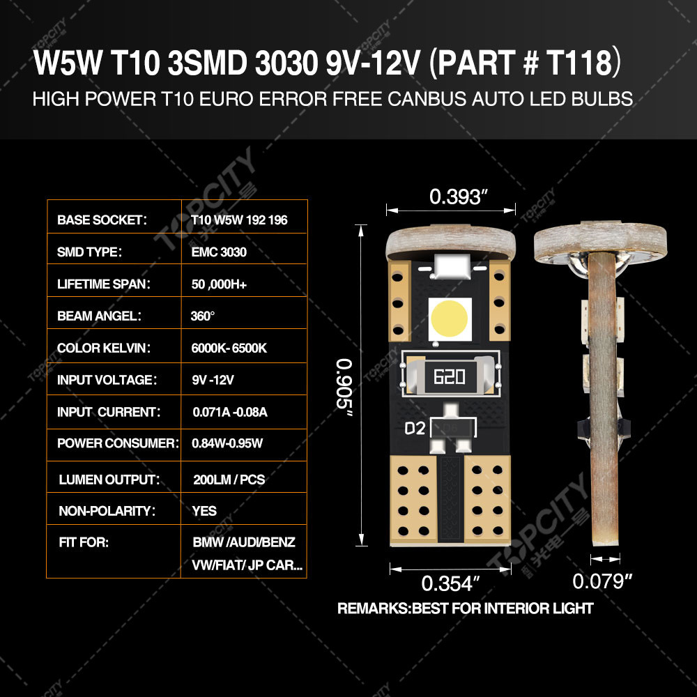 Foreign trade LED light T10-3SMD-3030 car sign light wide light reading light W5W 194