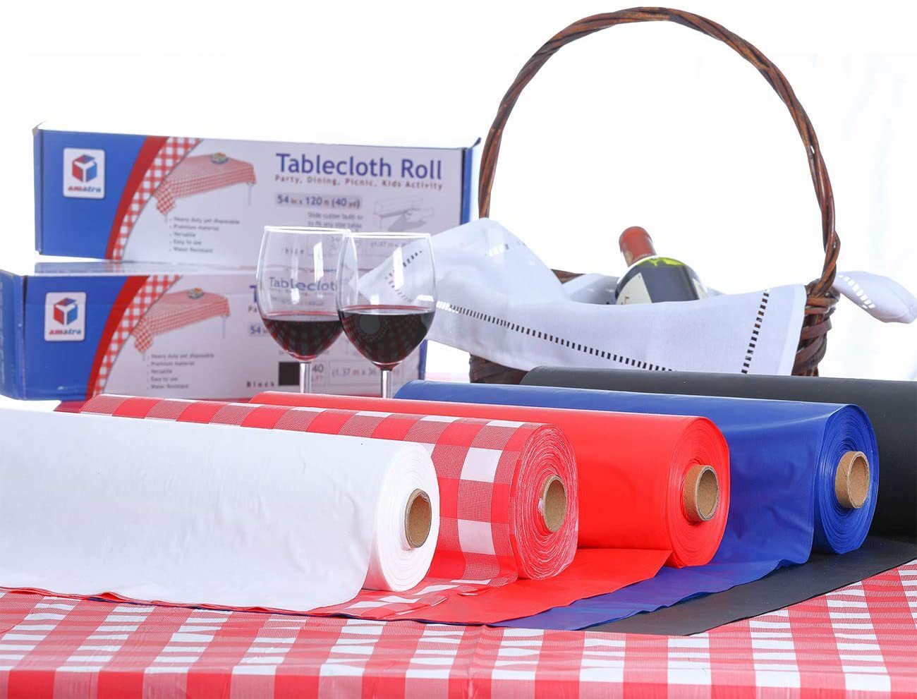 The Amazon spot PEVA with thick rolls of red one-time table cloth and plastic table cloth cutter