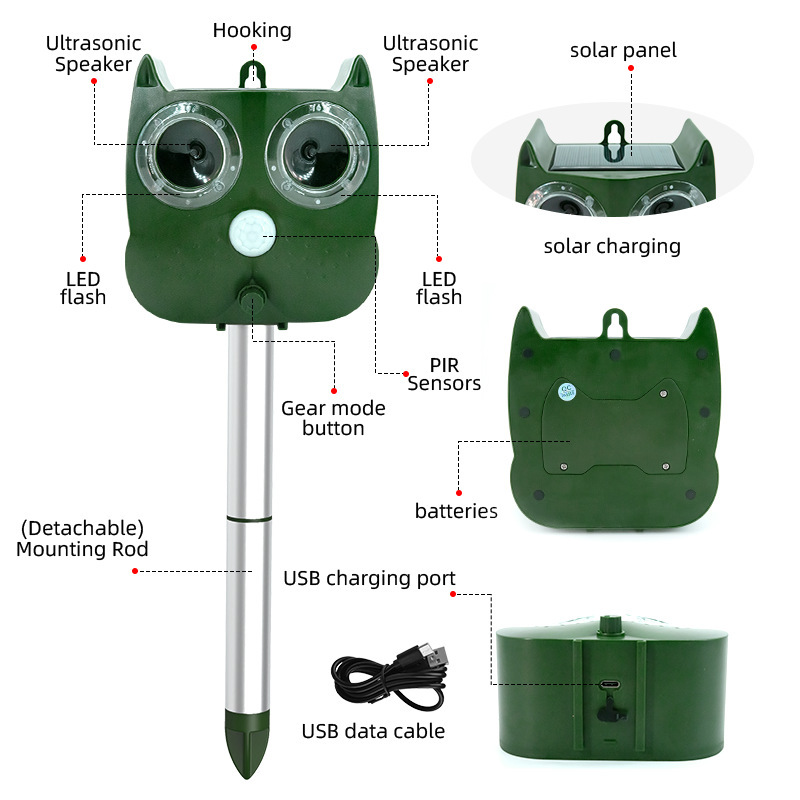 Plant heat-distribution ultrasound animal, LED flash light, solar animal driver