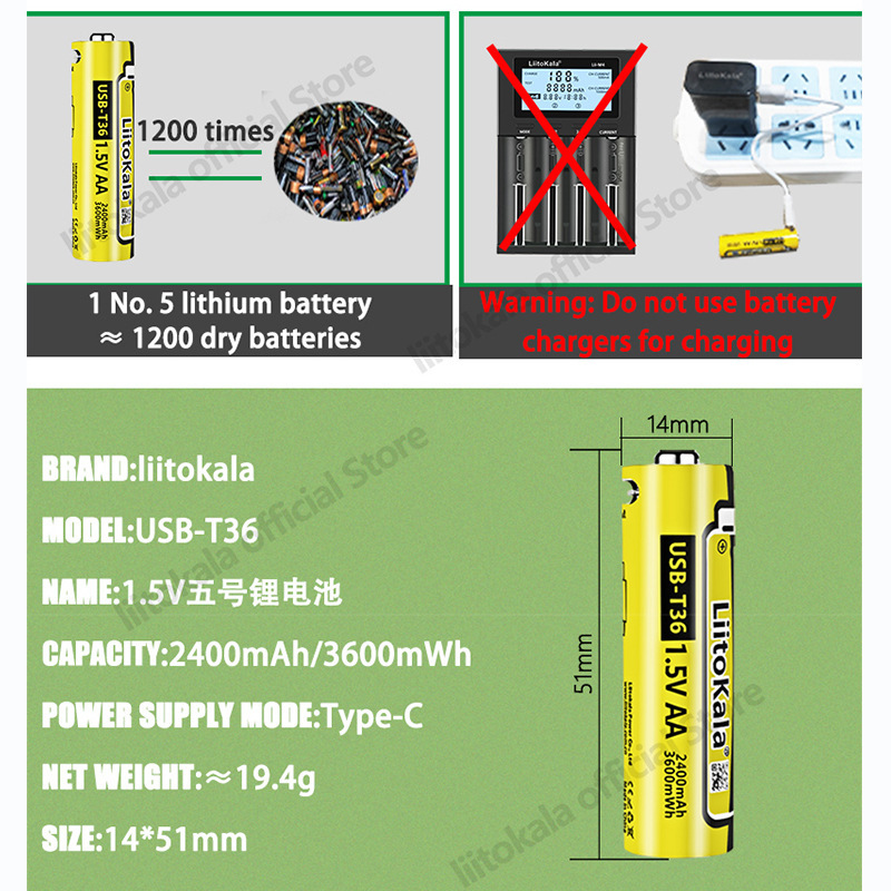 LiitoKala USB-T36 5 충전기 1.5V3600mwhType-c 공용영역 똑똑한 자물쇠 쥐