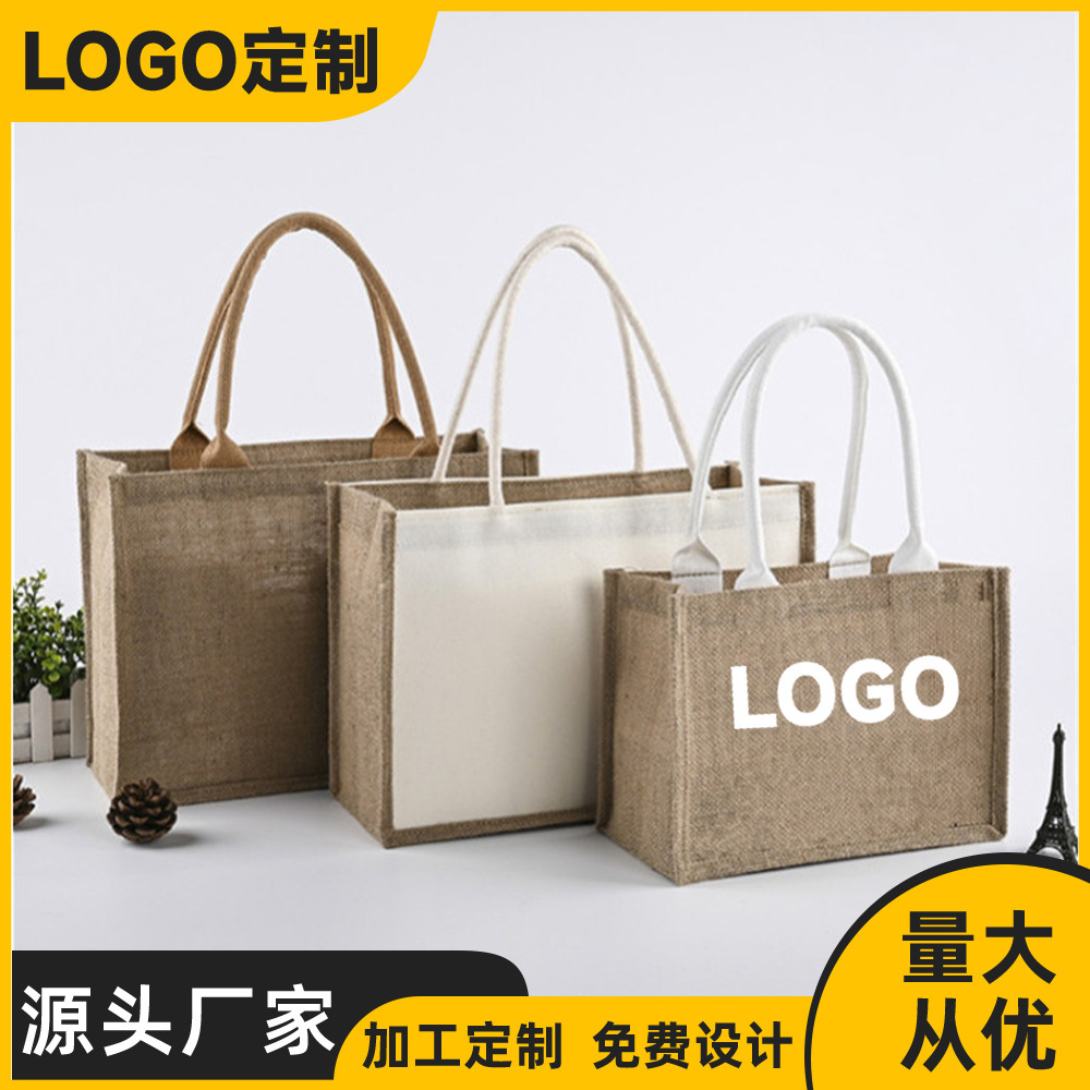 The manufacturer customises the jute sacks of membrane cotton with large capacity to print logo gift shopping bags