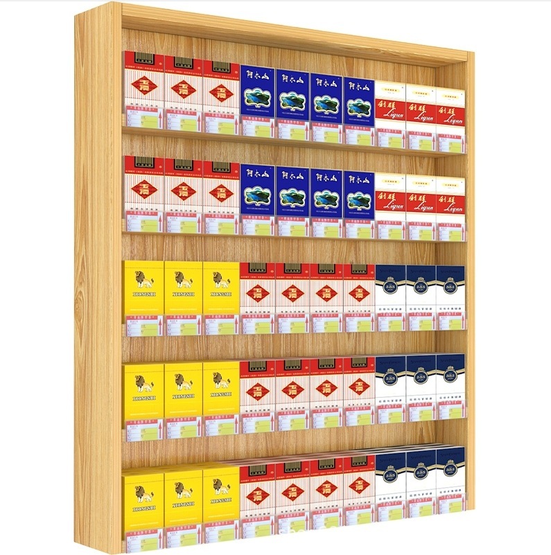 A cigarette shelf shows a cigarette cabinet, a multi-storey cigarette box with a walled supermarket shelf.