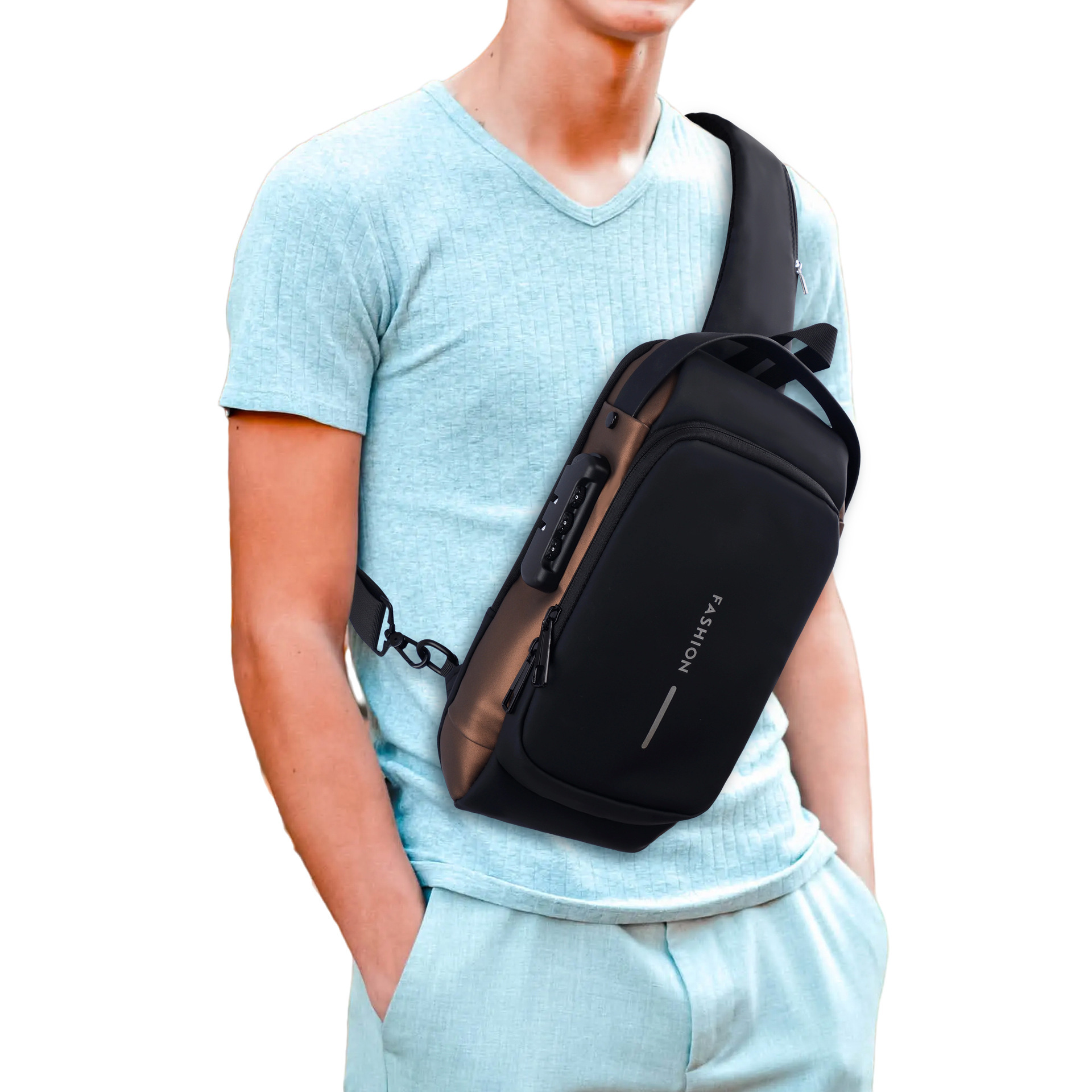 Cross-border men's chest bag, multi-purpose password lock, car bag for recreational vehicles, waterproof U.S.B. charged slash pack.
