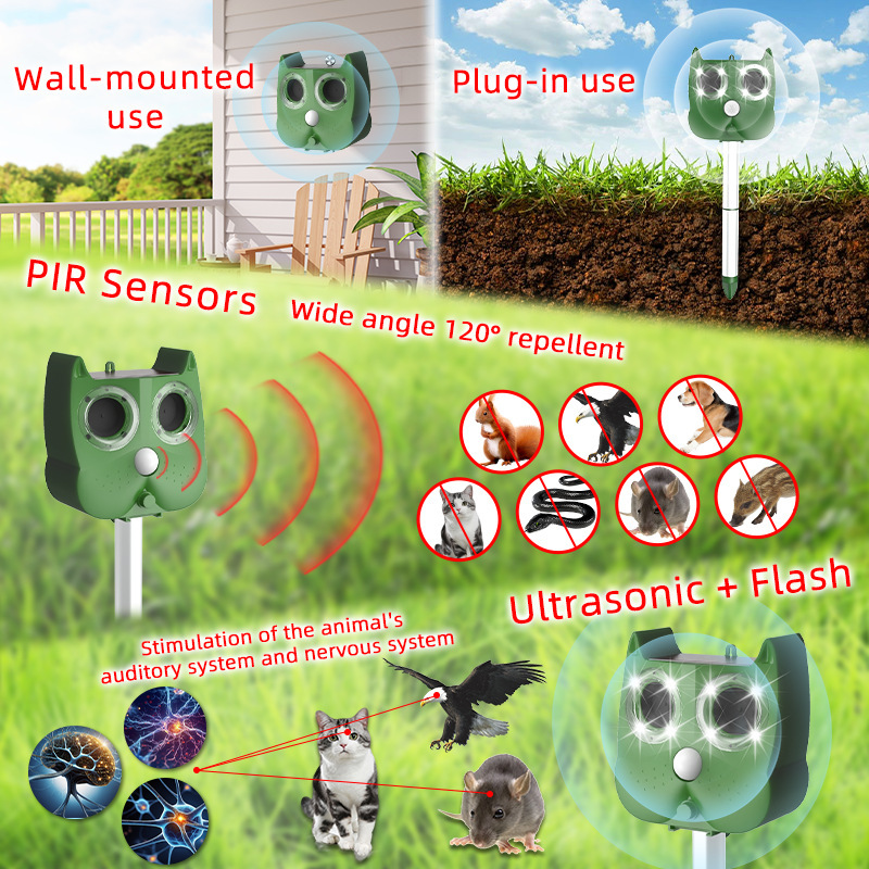 Plant heat-distribution ultrasound animal, LED flash light, solar animal driver