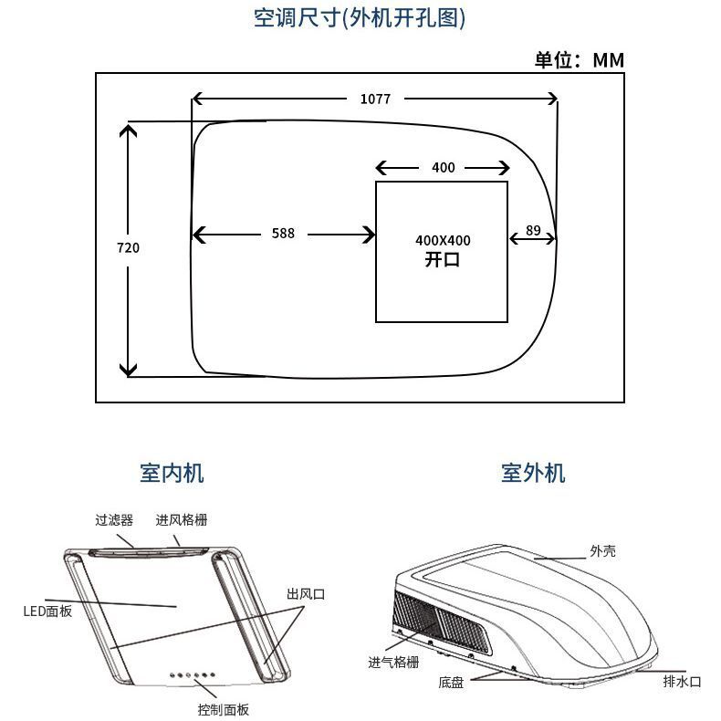 跨境外貿車用空調頂置一體機出口房車空調1匹 RV Air conditioner