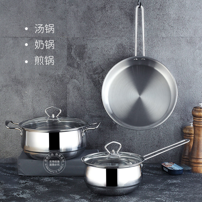 The factory sells three sets of soup pans of stainless steel.