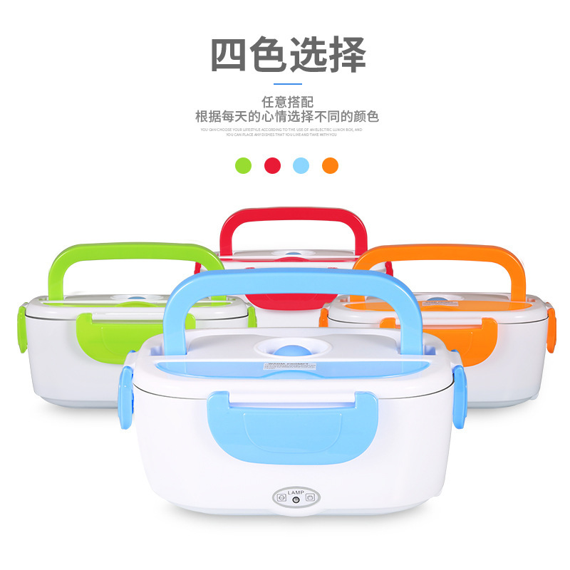 Một chiếc xe chở một hộp cơm trưa không nước nóng hai năm bên trong nhựa thép không rỉ.