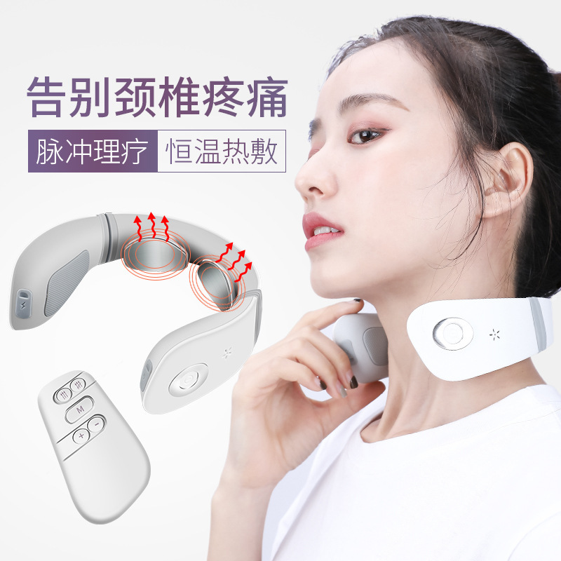 A remote-controlled neck massager with a stamina around his neck.