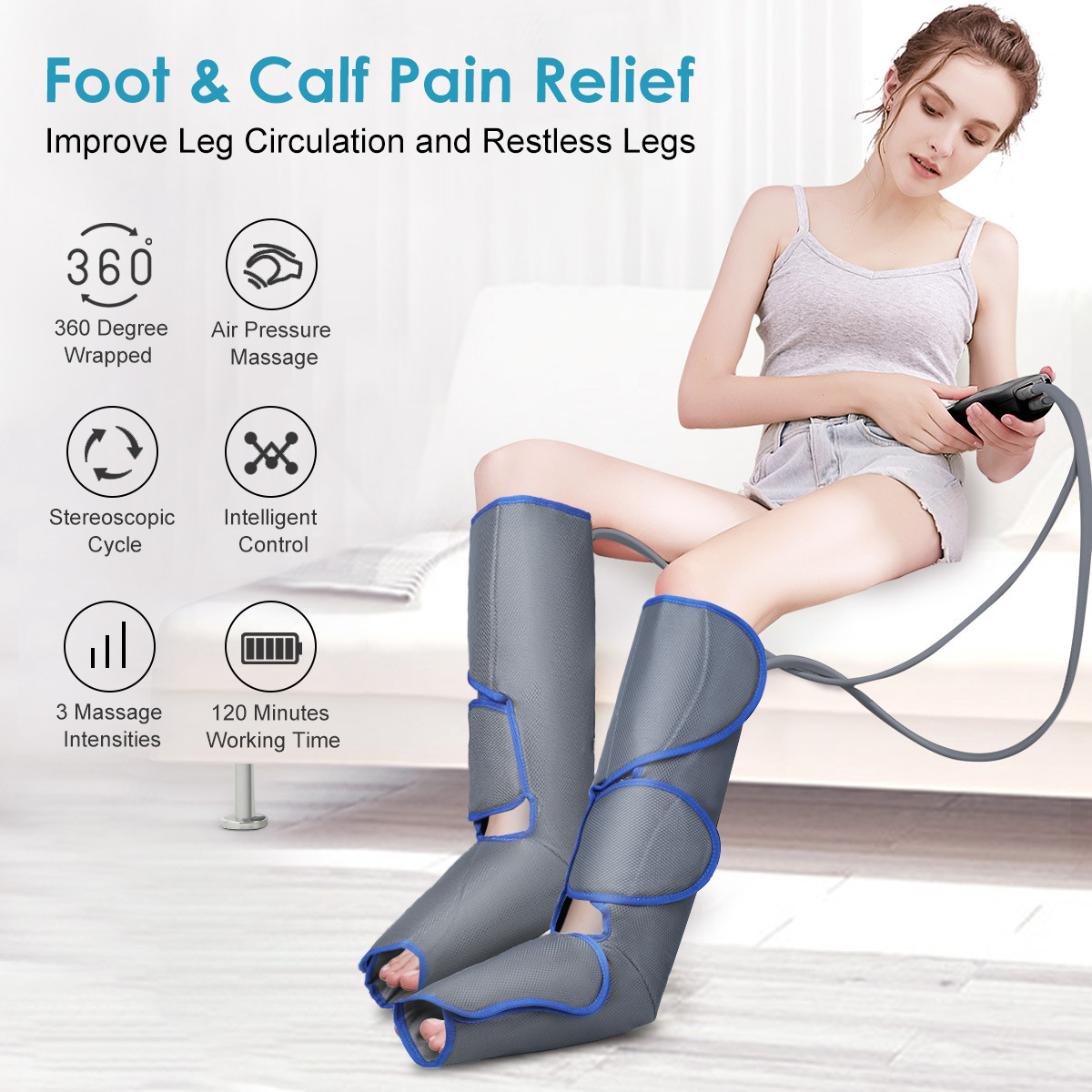 An electric air-wave air-pressure massager with thin legs and leg-muting arms.