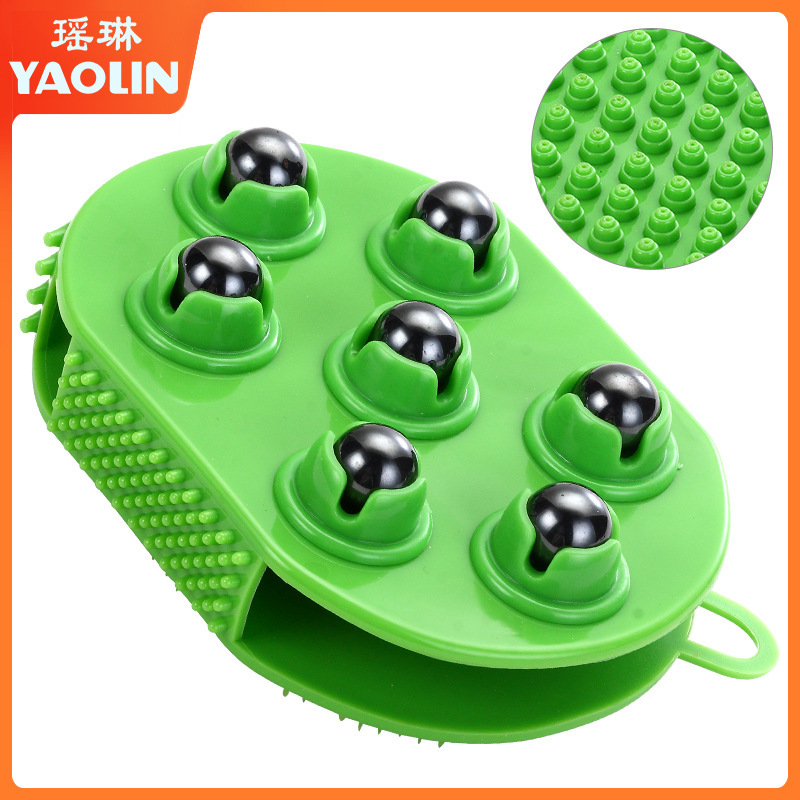 The body massage gloves, the magnet massager, the muscles on the legs of the shower gloves, the ball.