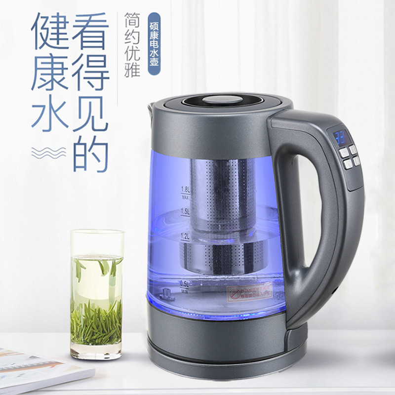 跨境外貿禮品供應1.8L高硼硅玻璃數碼電熱水壺 LED變色保溫電水壺