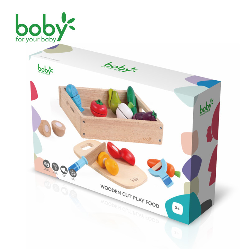 Bobby cut the fruit-vegetative toy baby by cooking the wood-crunch.