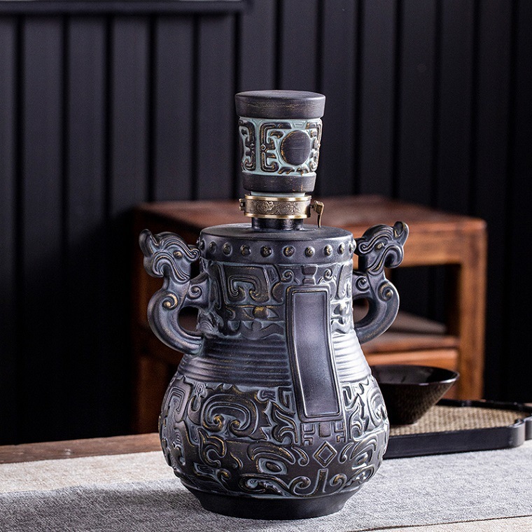 景德鎮陶瓷酒瓶3斤裝仿青銅器仿古密封三斤裝雙耳福筒工藝酒罐