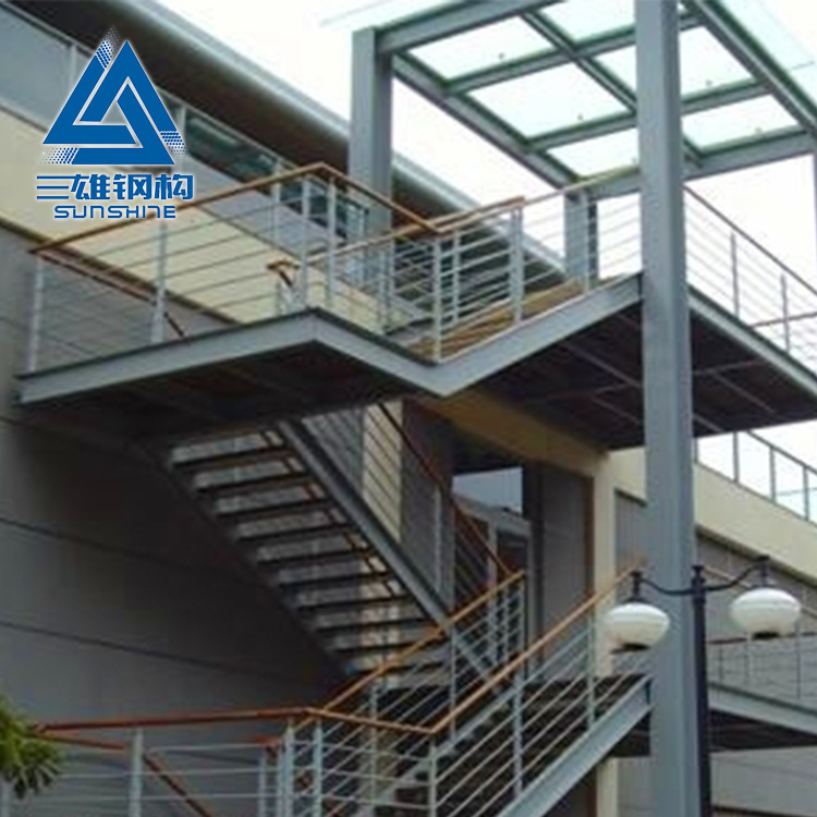 Stairs of steel structures, construction work, multi-storey landscape stairs of steel structures inside and outside, rotating steel stairs.