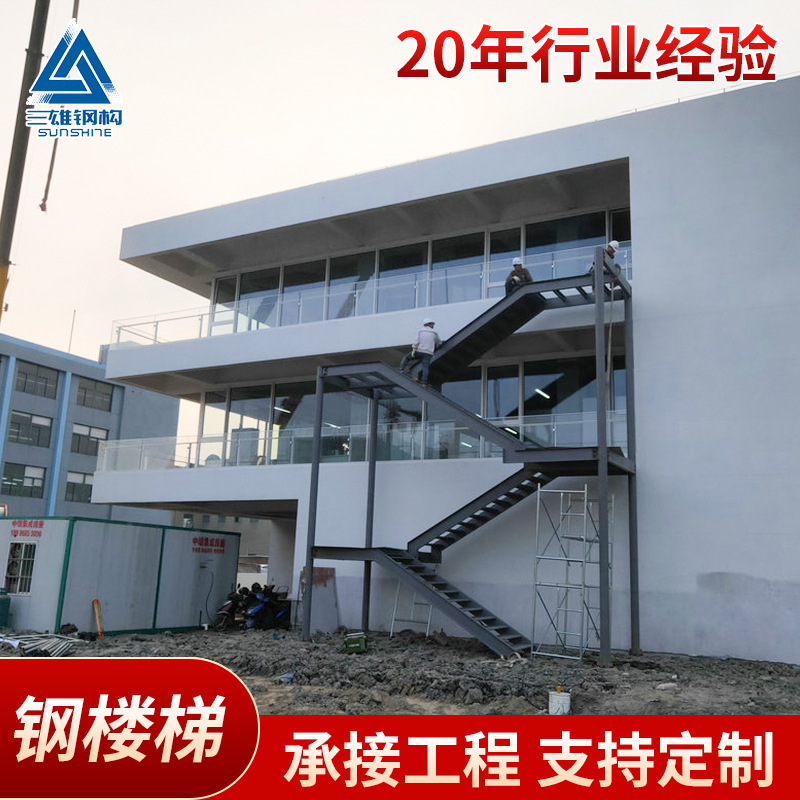 Stairs of steel structures, construction work, multi-storey landscape stairs of steel structures inside and outside, rotating steel stairs.