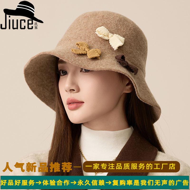 设计师款羊毛渔夫帽女冬季保暖高级感显脸小毛毡帽韩国蝴蝶结盆帽