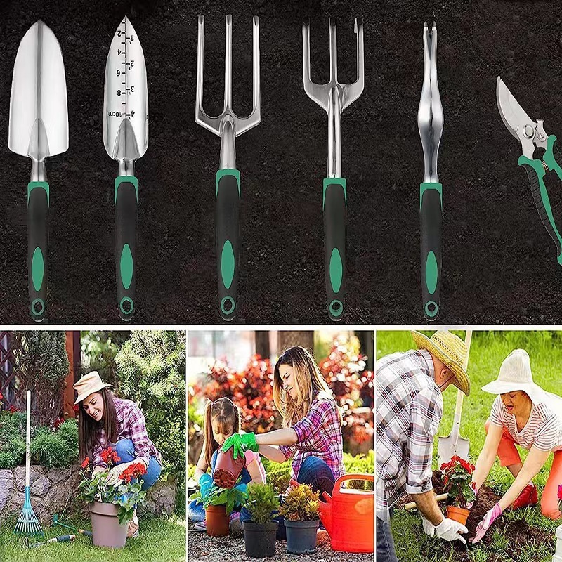 Một cây với sáu công cụ làm vườn horti nền văn hóa thiết lập trong một khu vườn với hợp kim nhôm và dao cắt khe núi
