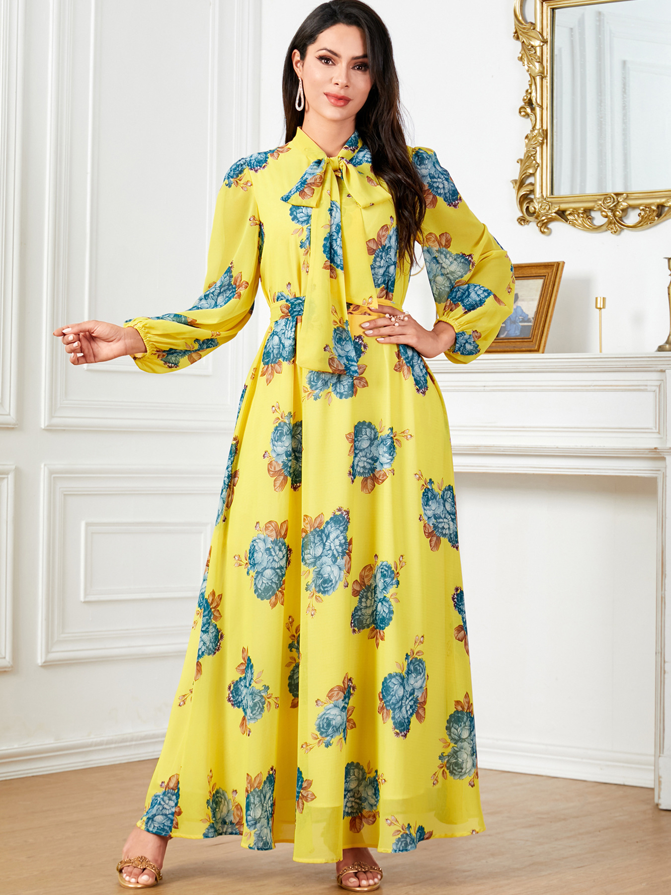 4030 Foreign Trade Cross-border Electrician Fashion Printed Middle Eastern Muslim women in long-cuffed dress