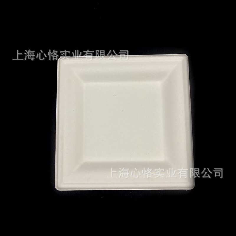 Một đĩa giấy một lần, một bát thức ăn thị trường với một cái bánh kem dày, một tô nướng hình chữ nhật.