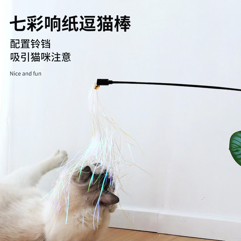 Whole-time cat toy toy to cat poles with turquoises on paper and cat sticks with bells on pet toys and cat stuff.