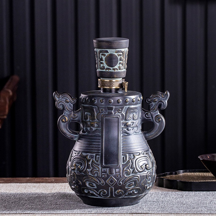 景德鎮陶瓷酒瓶3斤裝仿青銅器仿古密封三斤裝雙耳福筒工藝酒罐