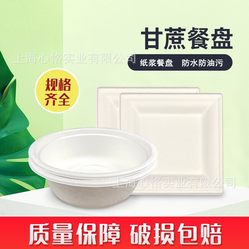 Một đĩa giấy một lần, một bát thức ăn thị trường với một cái bánh kem dày, một tô nướng hình chữ nhật.