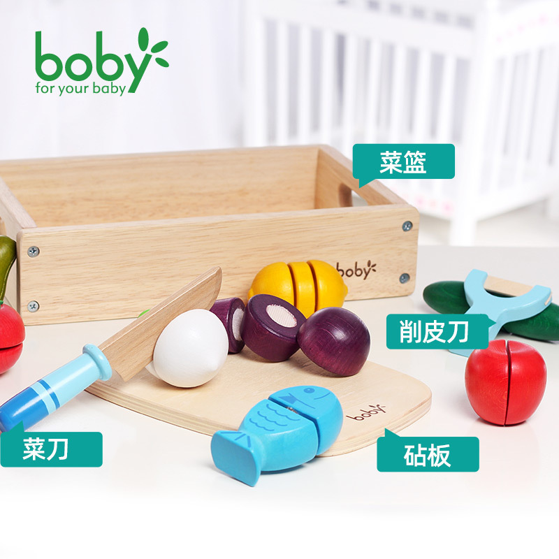 Bobby cut the fruit-vegetative toy baby by cooking the wood-crunch.