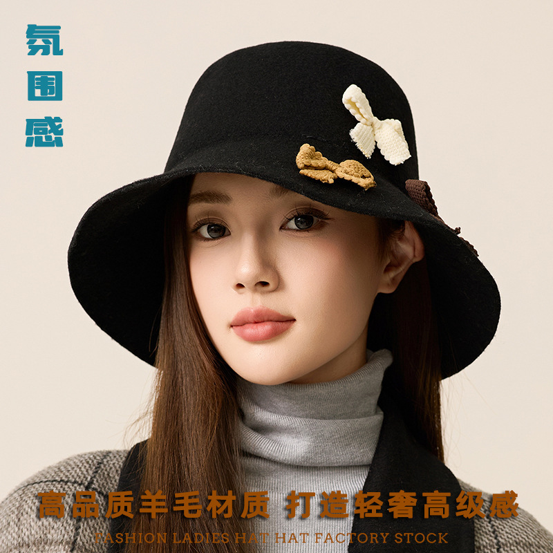 设计师款羊毛渔夫帽女冬季保暖高级感显脸小毛毡帽韩国蝴蝶结盆帽