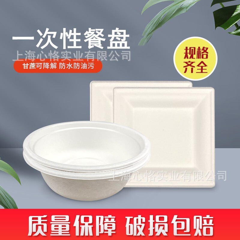 Một đĩa giấy một lần, một bát thức ăn thị trường với một cái bánh kem dày, một tô nướng hình chữ nhật.