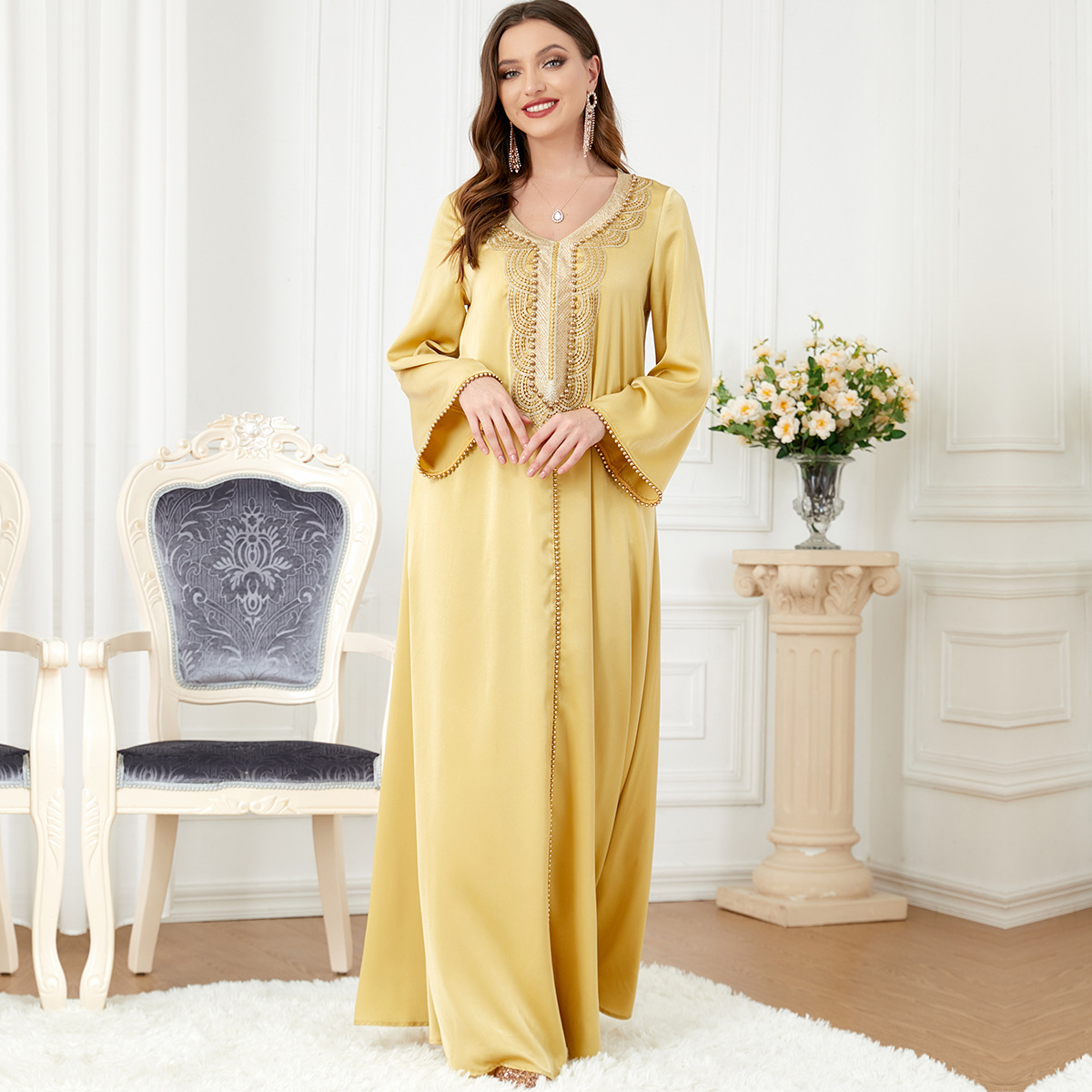 3287 Middle East Baya Arab dress girl with a V-word collar long-sleeved fashion dress