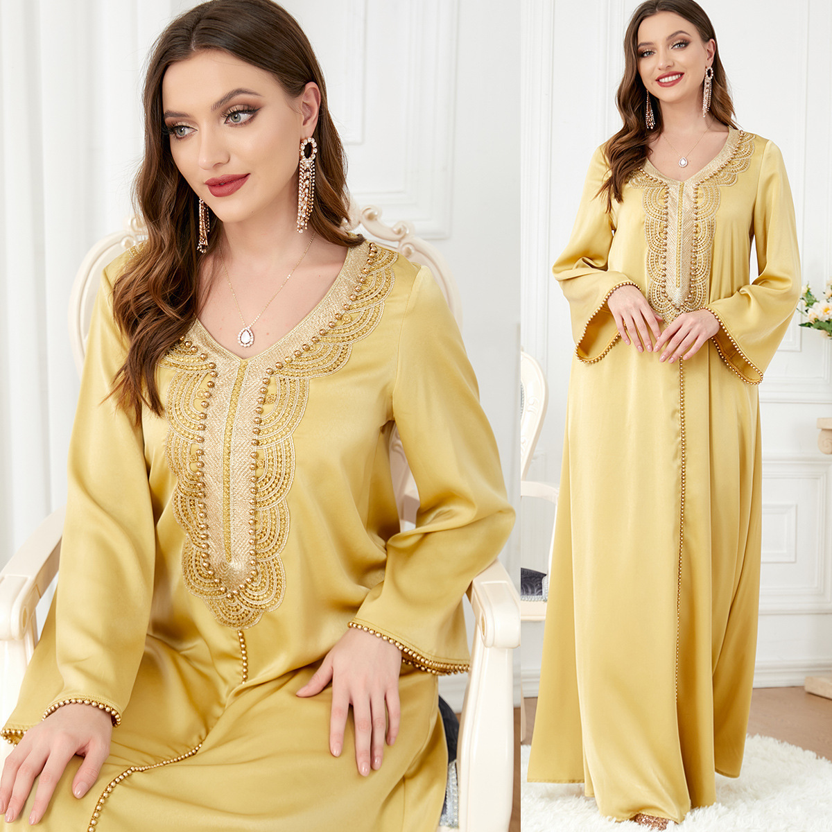 3287 Middle East Baya Arab dress girl with a V-word collar long-sleeved fashion dress