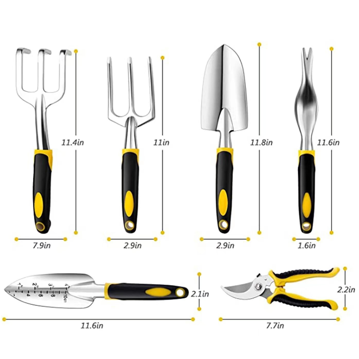 Một cây với sáu công cụ làm vườn horti nền văn hóa thiết lập trong một khu vườn với hợp kim nhôm và dao cắt khe núi