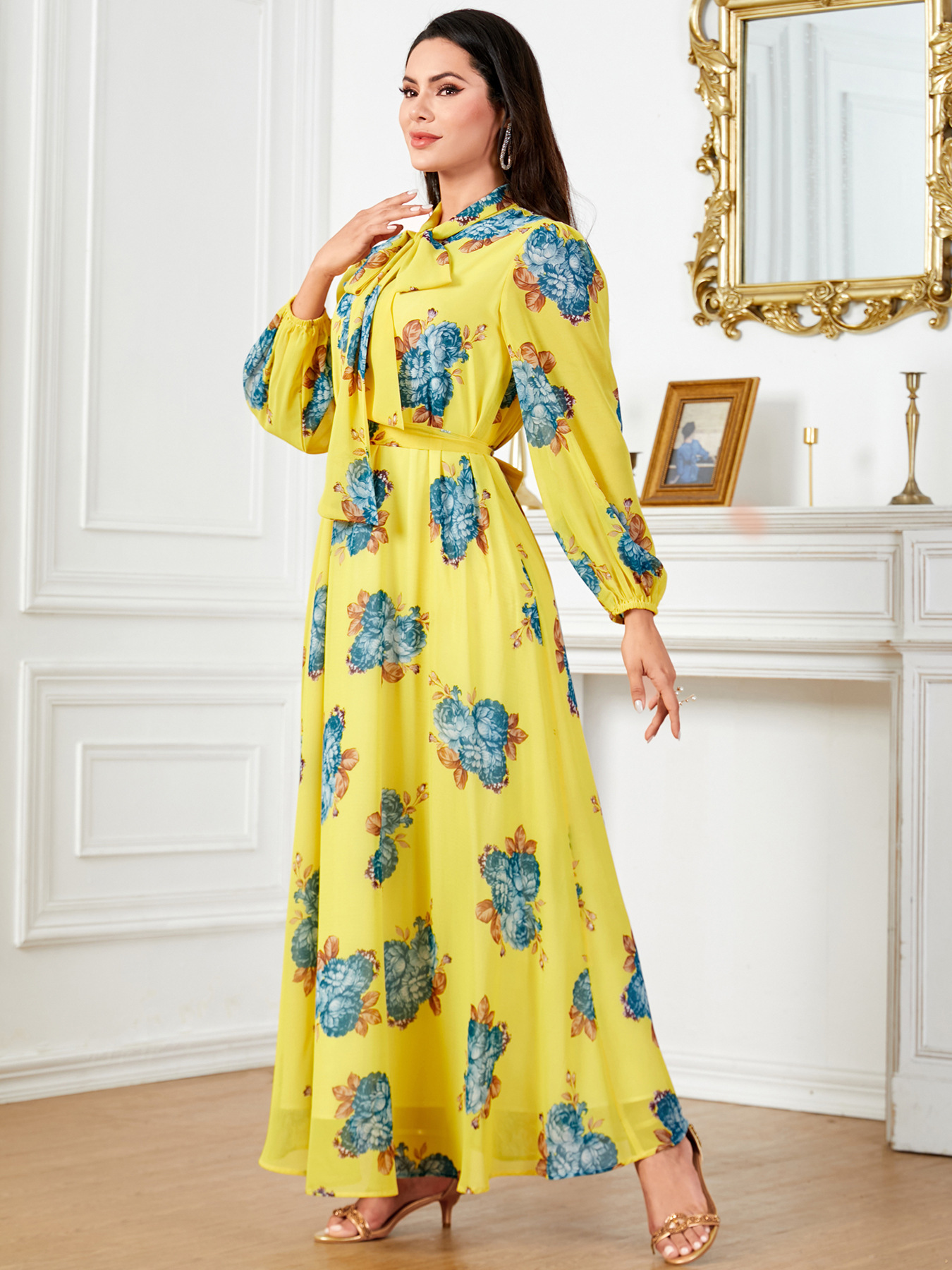 4030 Foreign Trade Cross-border Electrician Fashion Printed Middle Eastern Muslim women in long-cuffed dress