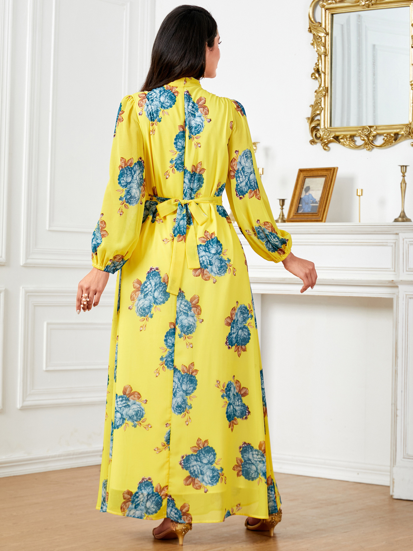 4030 Foreign Trade Cross-border Electrician Fashion Printed Middle Eastern Muslim women in long-cuffed dress