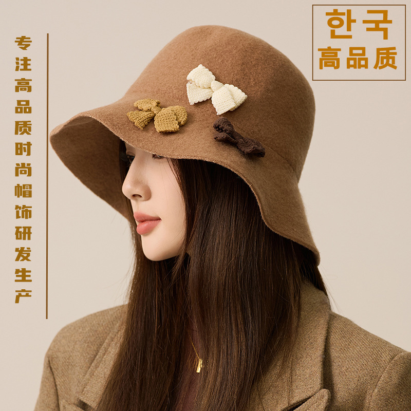 设计师款羊毛渔夫帽女冬季保暖高级感显脸小毛毡帽韩国蝴蝶结盆帽