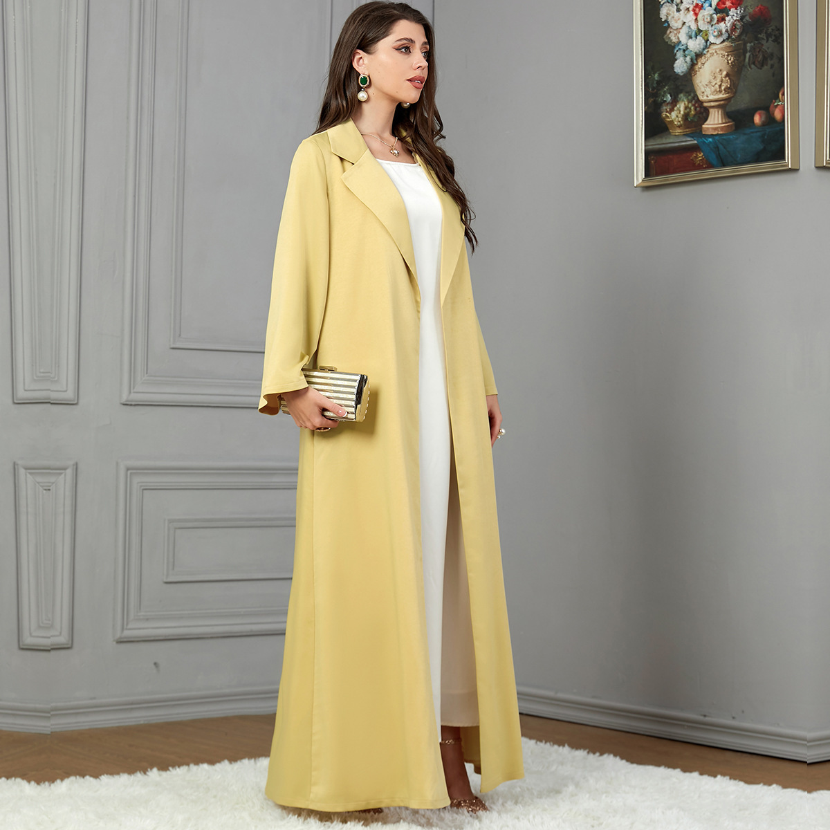 3799 Middle East Arab 2023 hot-sale yellow-covered coat dress for women with long sleeves