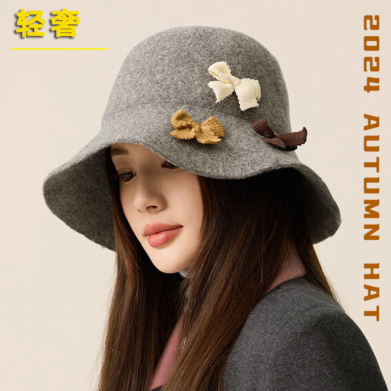 设计师款羊毛渔夫帽女冬季保暖高级感显脸小毛毡帽韩国蝴蝶结盆帽