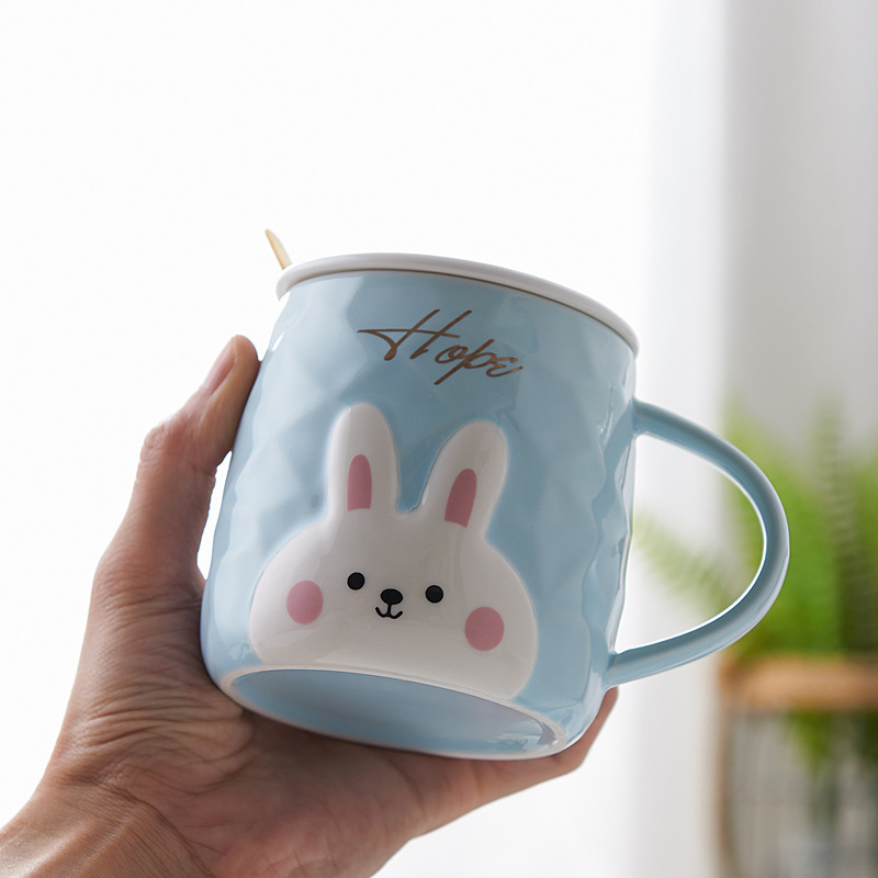 創意水杯小兔馬克杯帶蓋勺 可愛陶瓷杯子大容量高顏值辦公家用杯