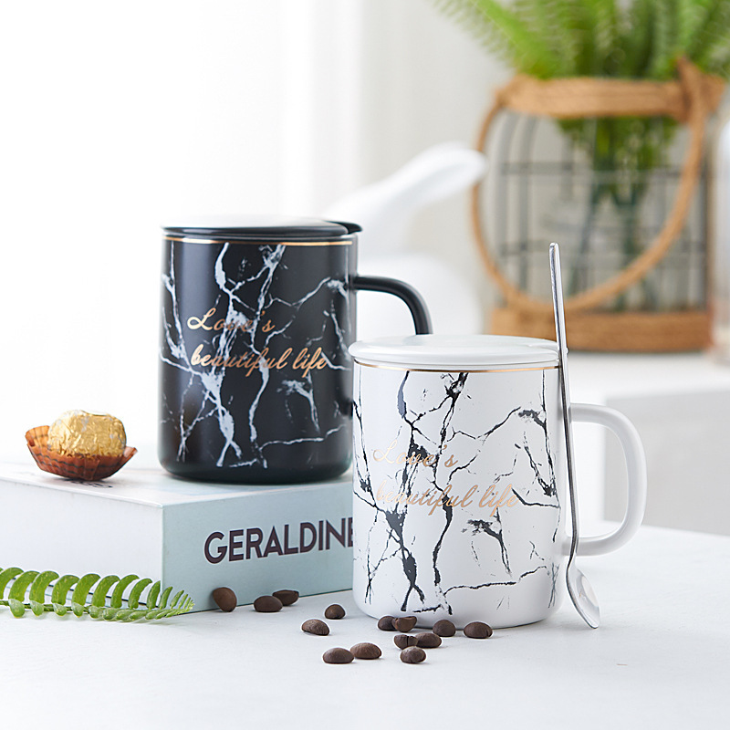 北歐黑色石紋陶瓷馬克杯 輕奢簡約辦公 家用茶杯情侶杯牛奶早餐杯
