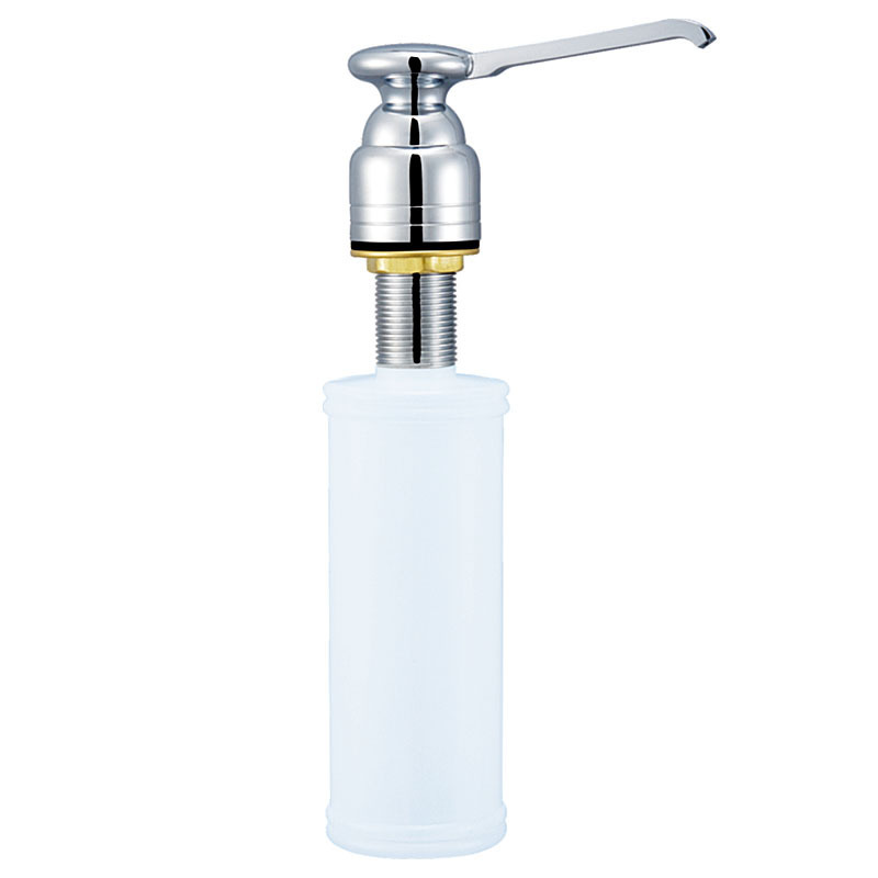 A thick stainless steel kitchen soap dispenser, a hand washer, a hotel soap dispenser.